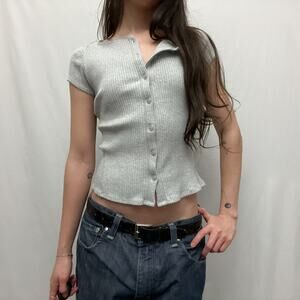 free people gray ribbed knit button front fitted baby tee top